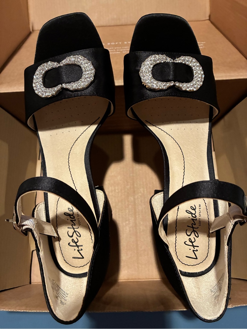 Life Stride Black Satin Crystal Buckle Dress Sandals 3.5” 8.5 NIB
